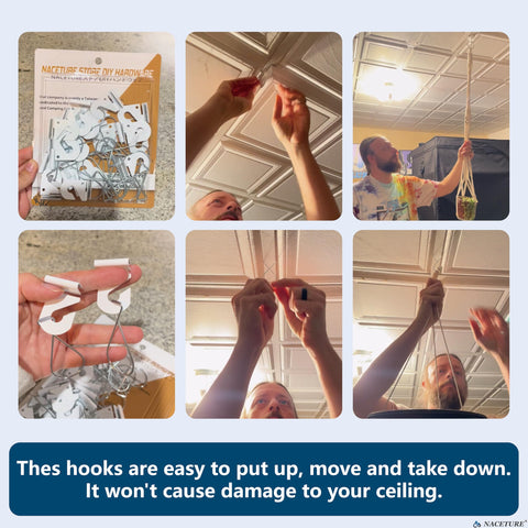 NACETURE clip-on ceiling tile hangers shown for secure, damage-free decor mounting