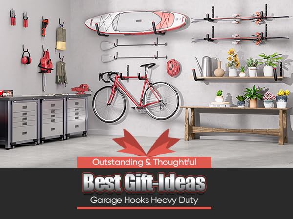 Nacial durable J-hooks with rubber tips for safer storage of gear.