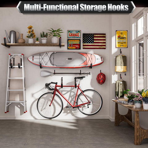 Nacial wall storage solution organizing bikes, kayaks, ladders and more.