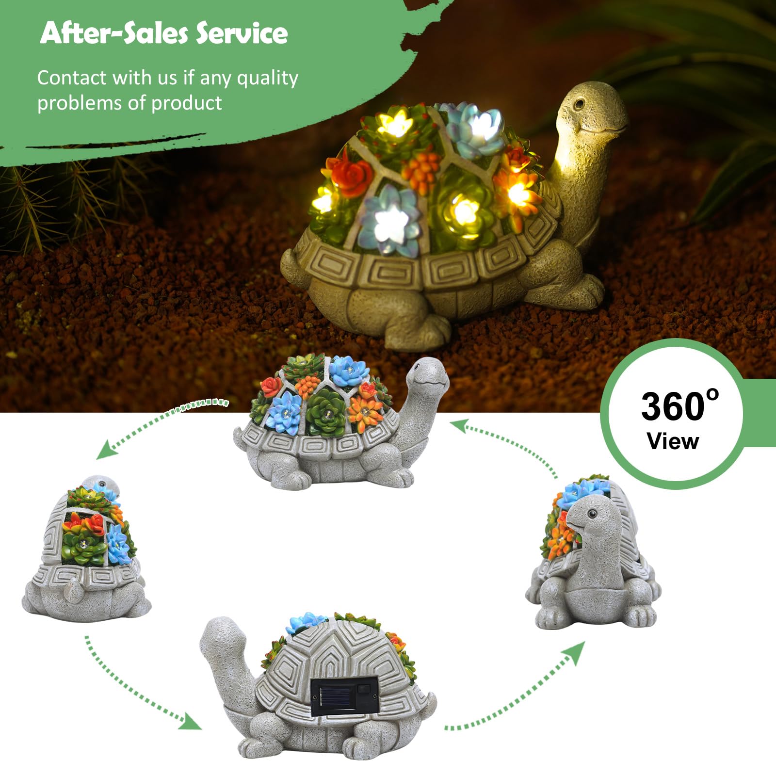Nacome turtle statue with succulent base adding green flair to porch.