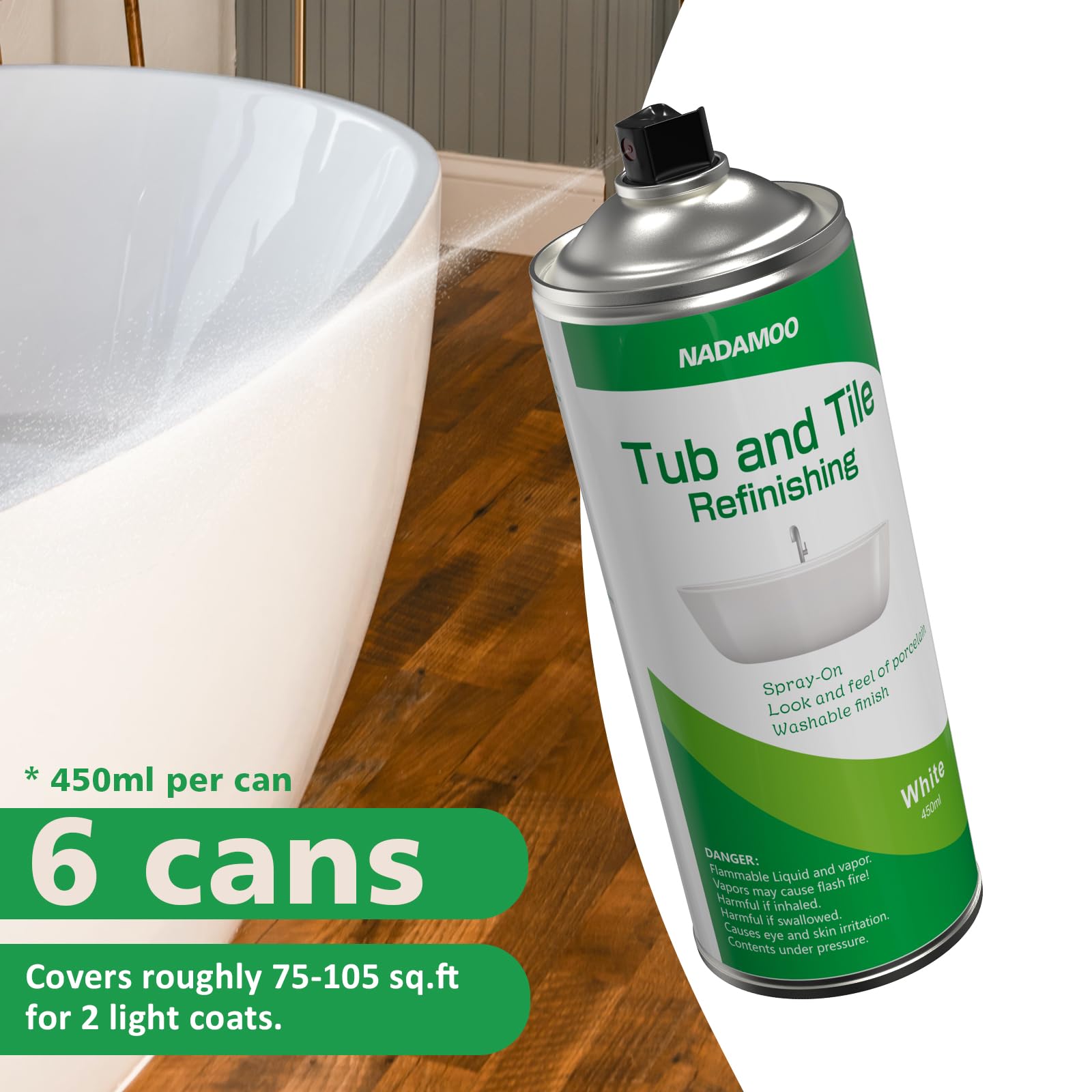NADAMOO porcelain coating aerosol for ceramic surfaces delivering a semi-gloss finish.