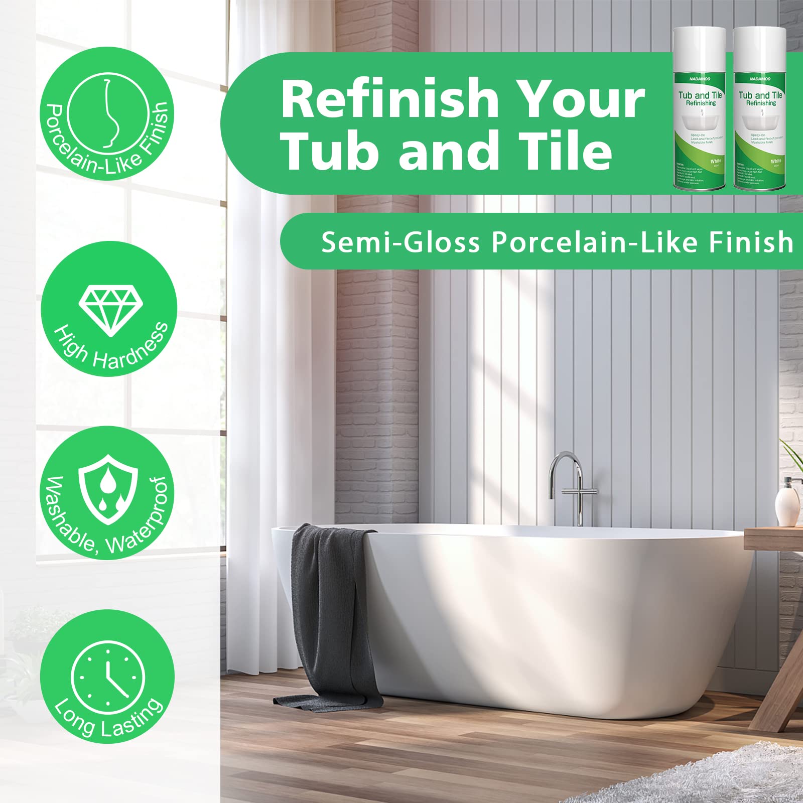 NADAMOO tile refinishing spray coats porcelain tiles with a durable semi-gloss finish.