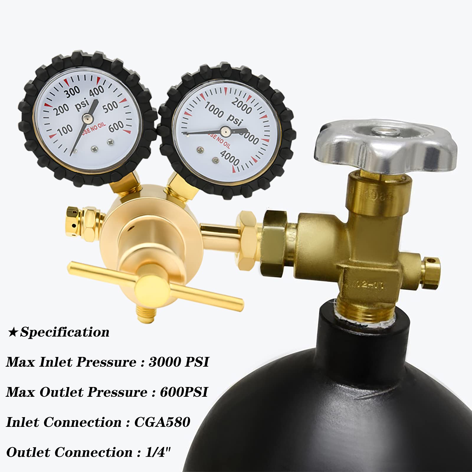 NAKAO regulator with 1/4-inch flare outlet for safe gas transfer.