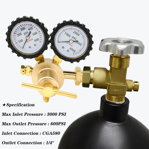 NAKAO regulator with 1/4-inch flare outlet for safe gas transfer.