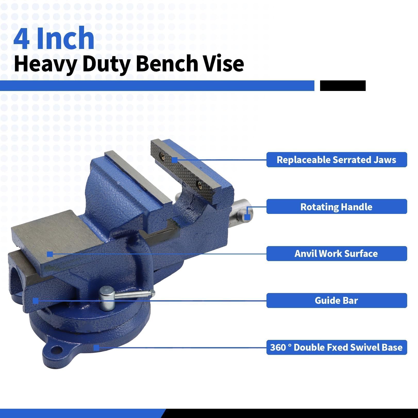 Nakkaa 4-inch bench vise swivel base demonstrating 360-degree adjustment for versatile angles