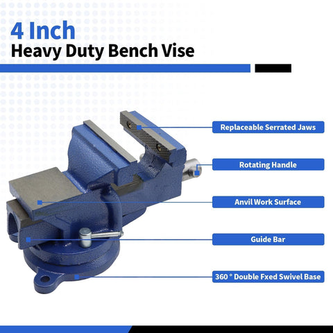 Nakkaa 4-inch bench vise swivel base demonstrating 360-degree adjustment for versatile angles