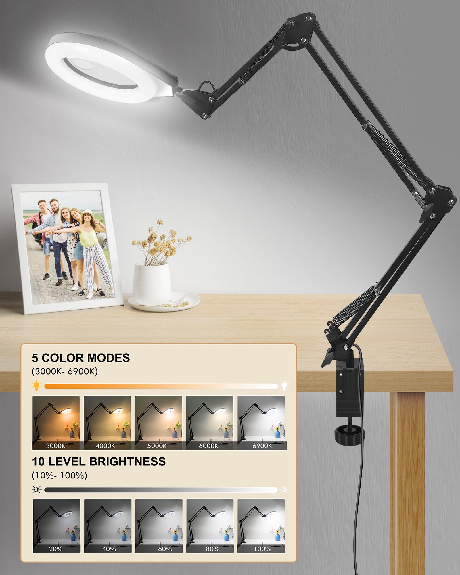NAKOOS magnifying lamp anti-glare real glass lens reduces eye strain during extended sessions.