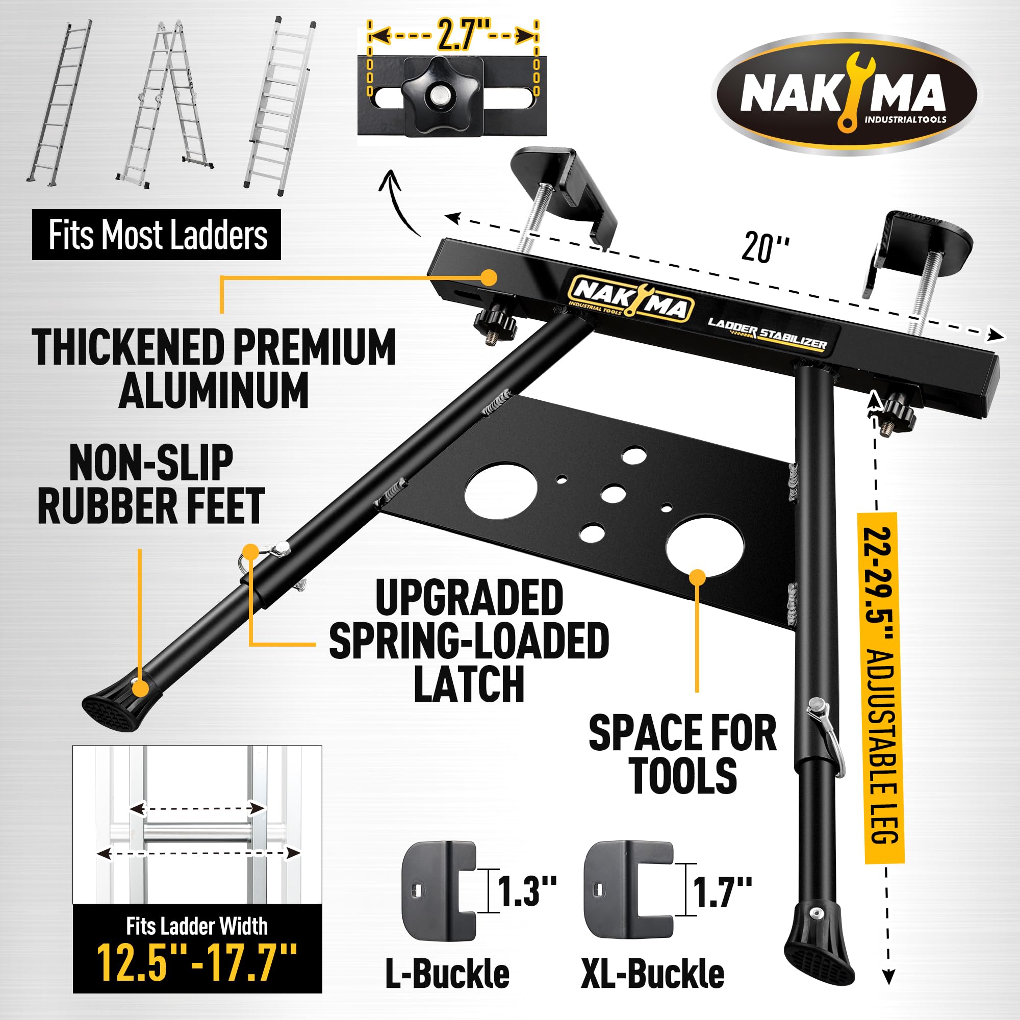 Nakyma Ladder Stabilizer easy-install enables tool-free mounting at the top.