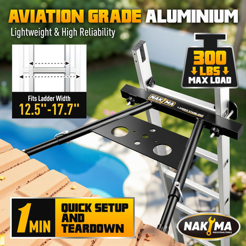 Nakyma Ladder Stabilizer extended-legs reach 22-29.5 inch ladder fit.