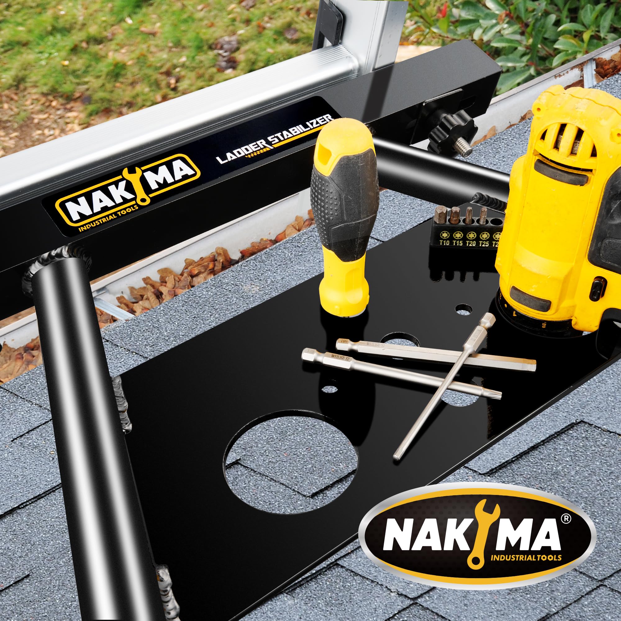 Nakyma Ladder Stabilizer non-slip feet secure ladder stability on surfaces.