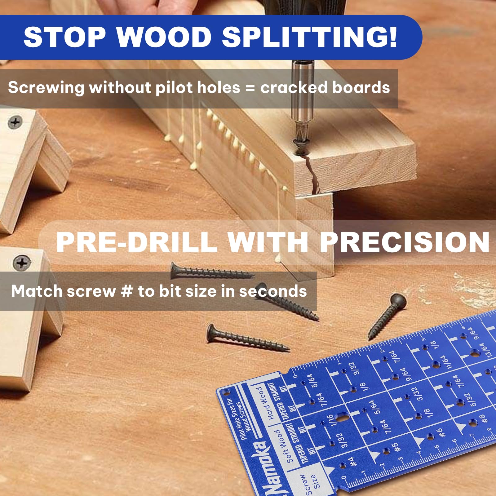 NAMOKA dual-bit-compatibility shows tapered and straight bits for versatile drilling.