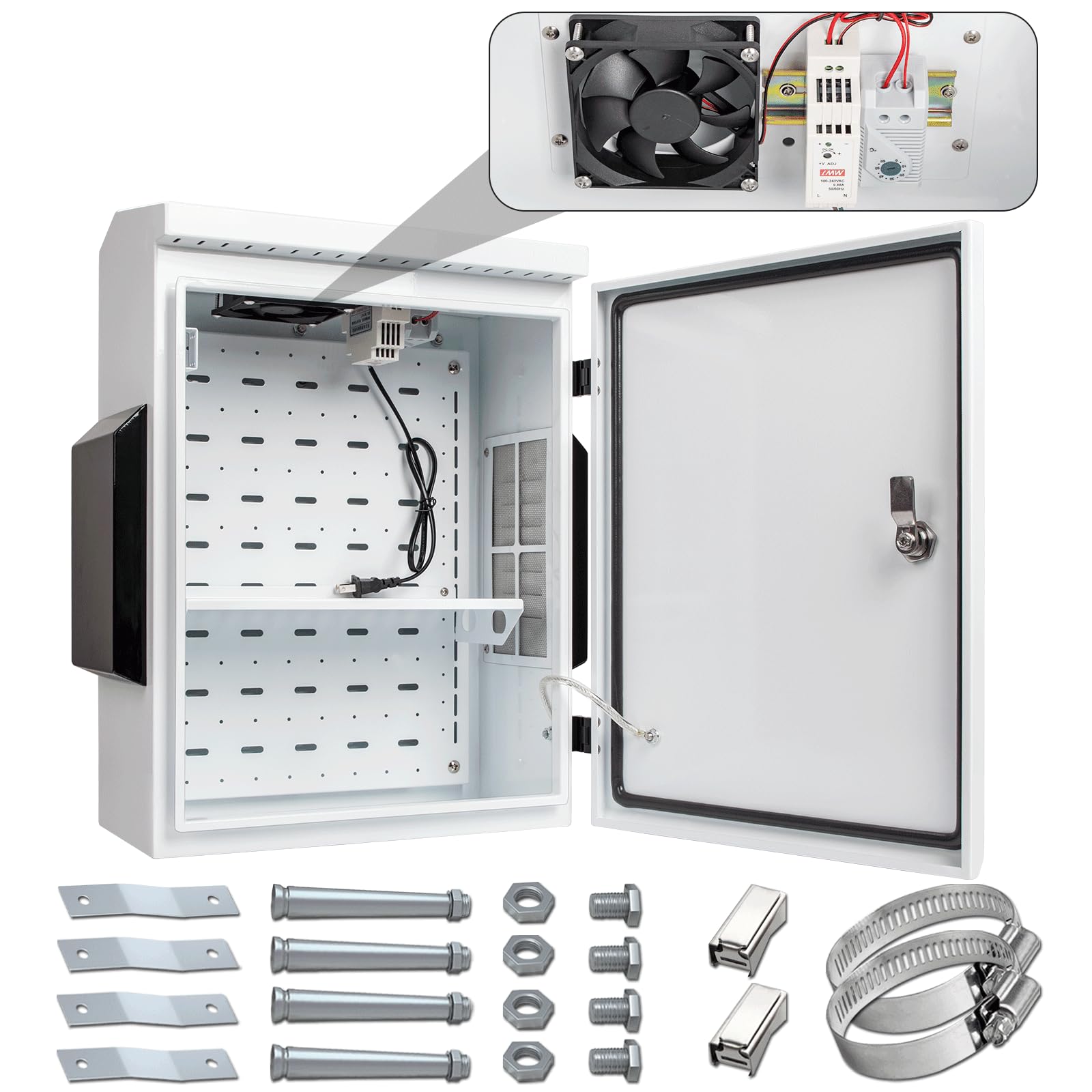 Namunanee outdoor box front view with thermostat and fan for weather-ready protection