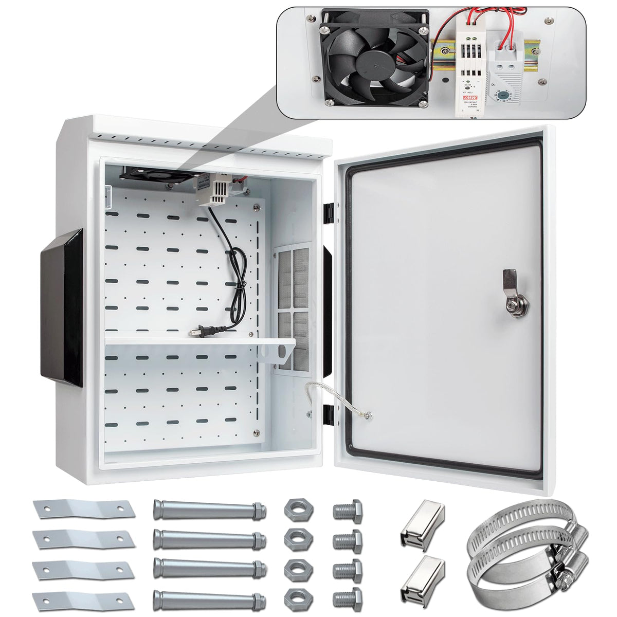 Namunanee outdoor box front view with thermostat and fan for weather-ready protection