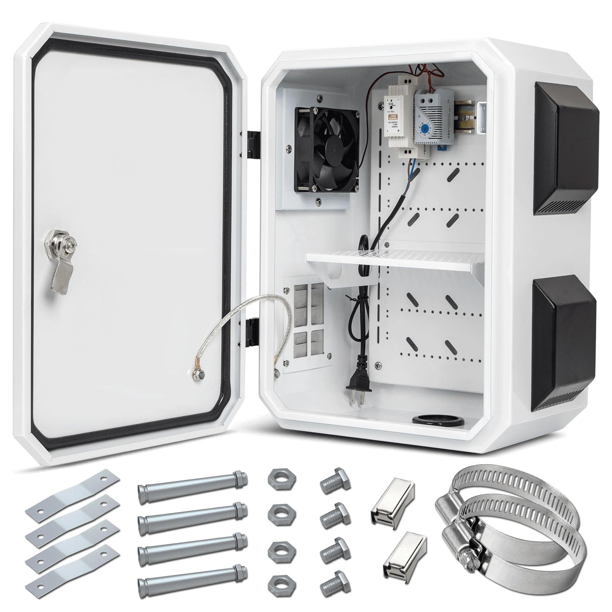 Namunanee outdoor box with thermostat and fan protects weather-exposed equipment