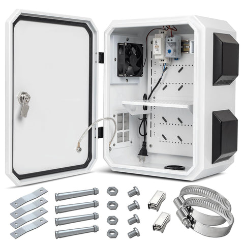 Namunanee outdoor box with thermostat and fan protects weather-exposed equipment