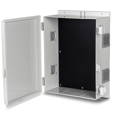 Namunanee outdoor junction box with hinged cover protects outdoor electrical components