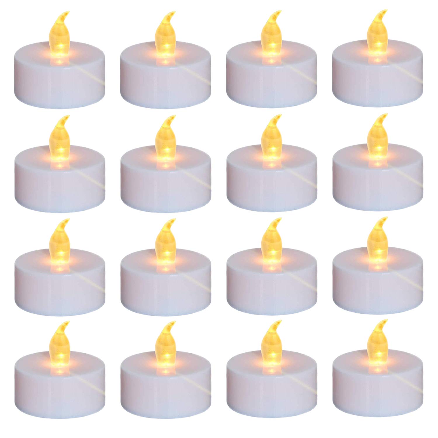Nancia 100-pack flameless tea lights with realistic flicker for safe decoration.