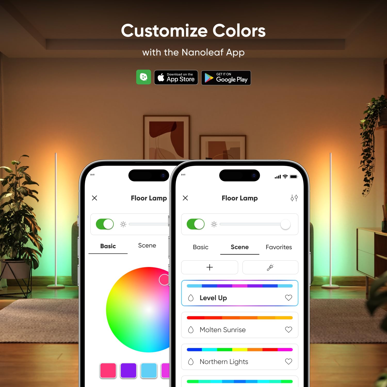 Nanoleaf Matter smart floor lamp displays 16M colors to set vibrant mood scenes.