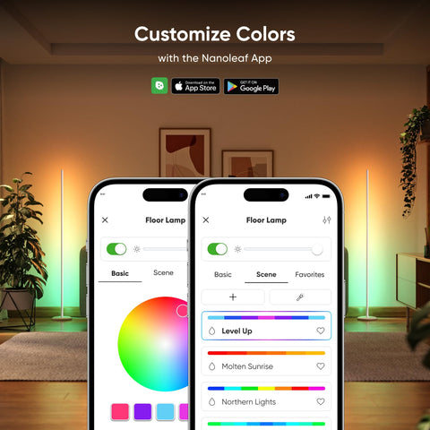 Nanoleaf Matter smart floor lamp displays 16M colors to set vibrant mood scenes.