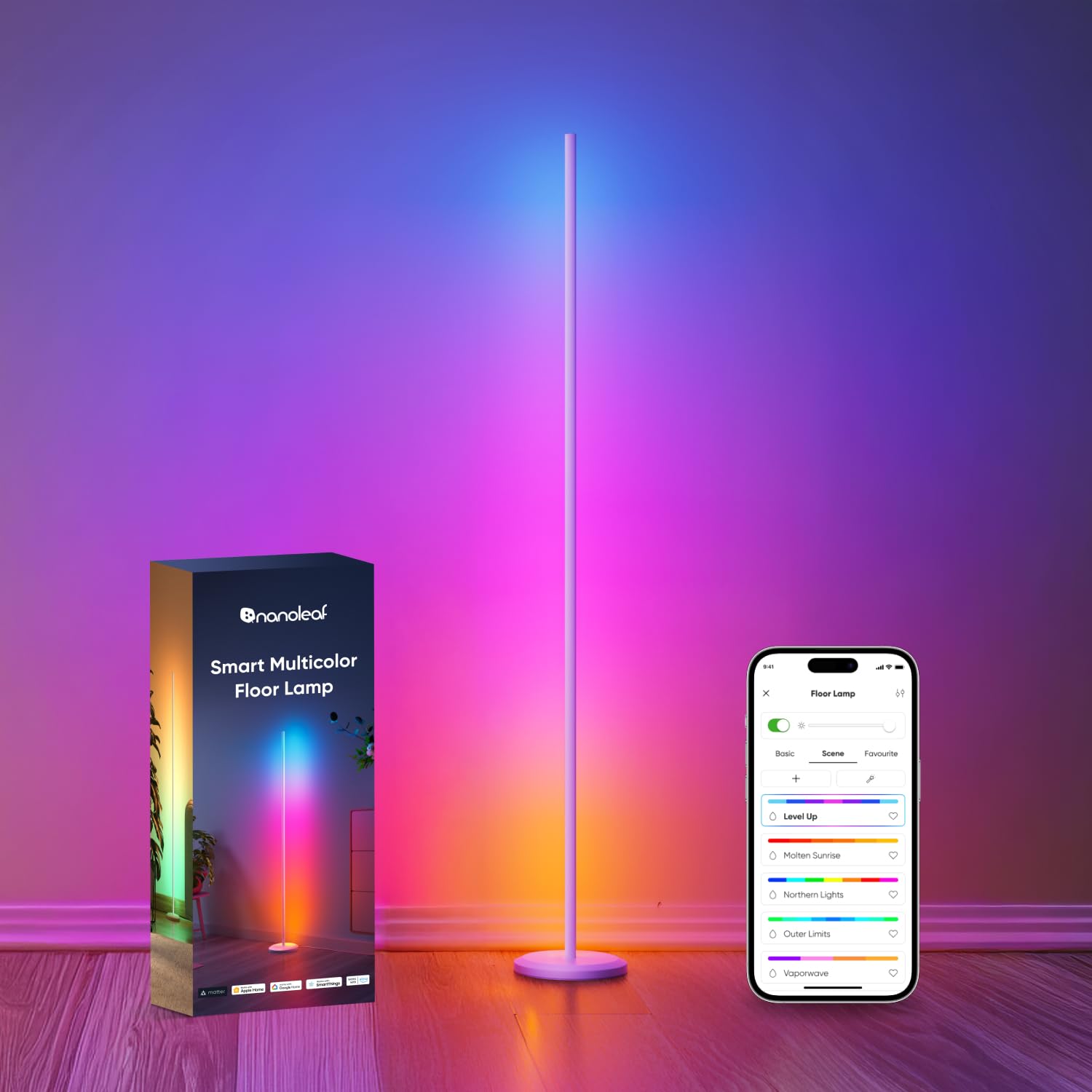 Nanoleaf Matter smart floor lamp glowing with ambient color for cozy living rooms.