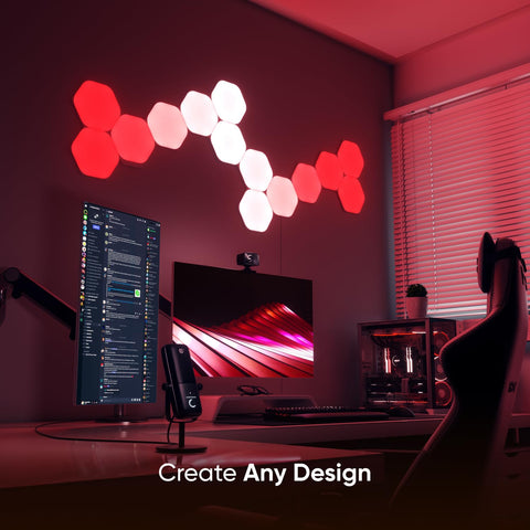 Nanoleaf Shapes Hexagons 7-pack music sync reacts to rhythm for lively atmosphere.