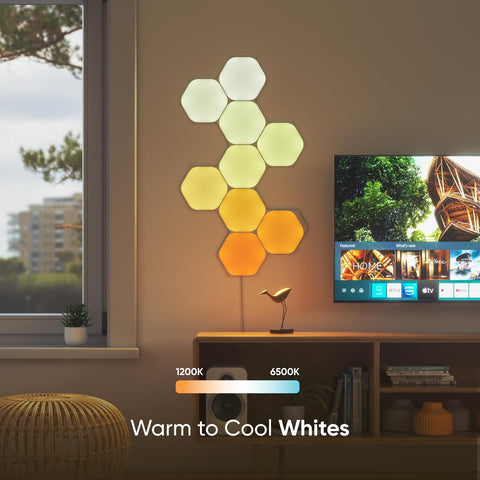 Nanoleaf Shapes Hexagons 7-pack screen mirror reflects on-screen colors for immersive watching.