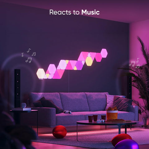 Nanoleaf Shapes Hexagons 7-pack compatible with Alexa and Google Assistant.