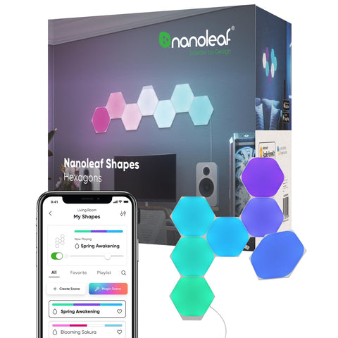 Nanoleaf Shapes Hexagons 7-pack wall panel lit with vibrant RGBW color for ambient decor.