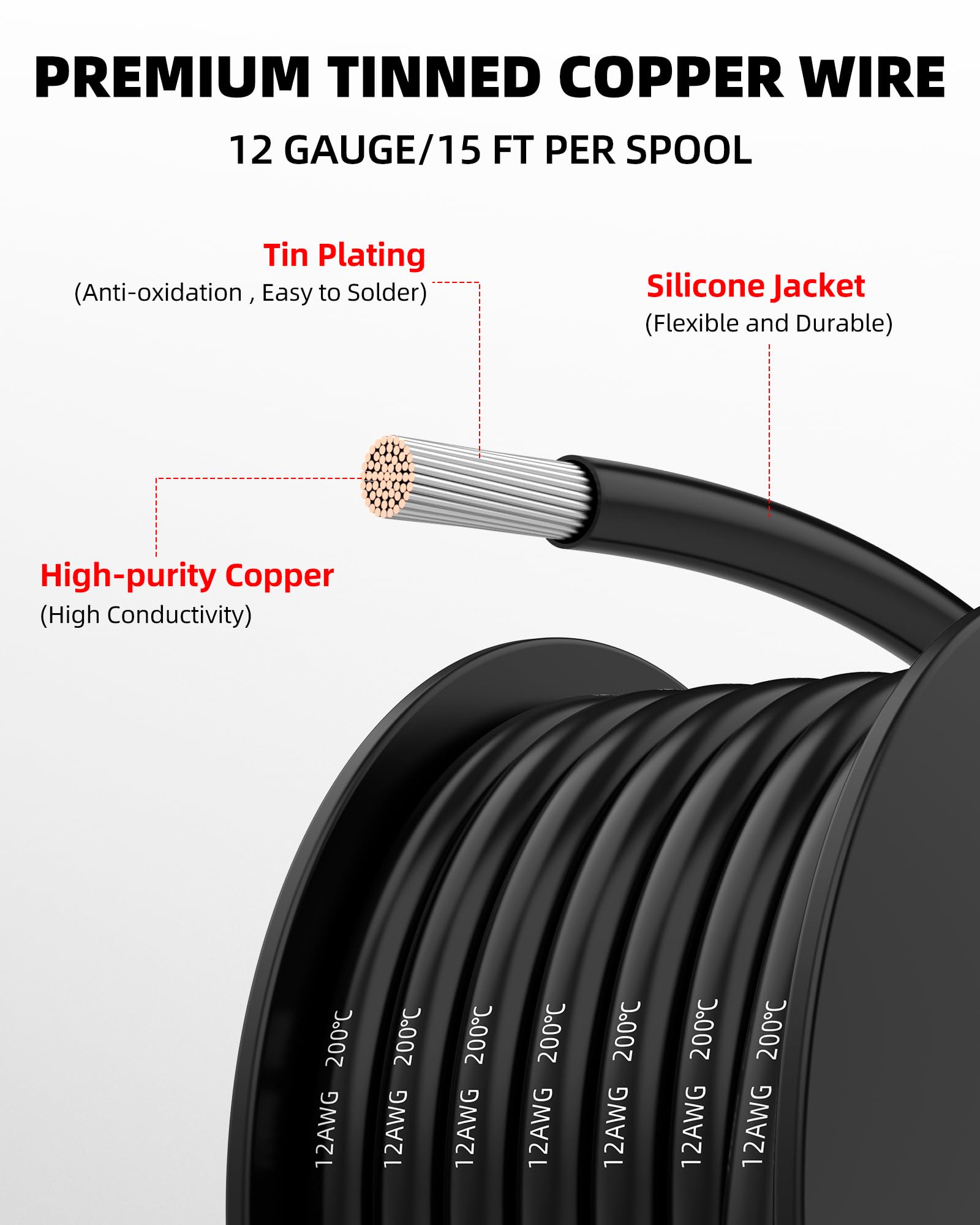 NAOEVO 10 AWG silicone wire black spool for durable automotive wiring