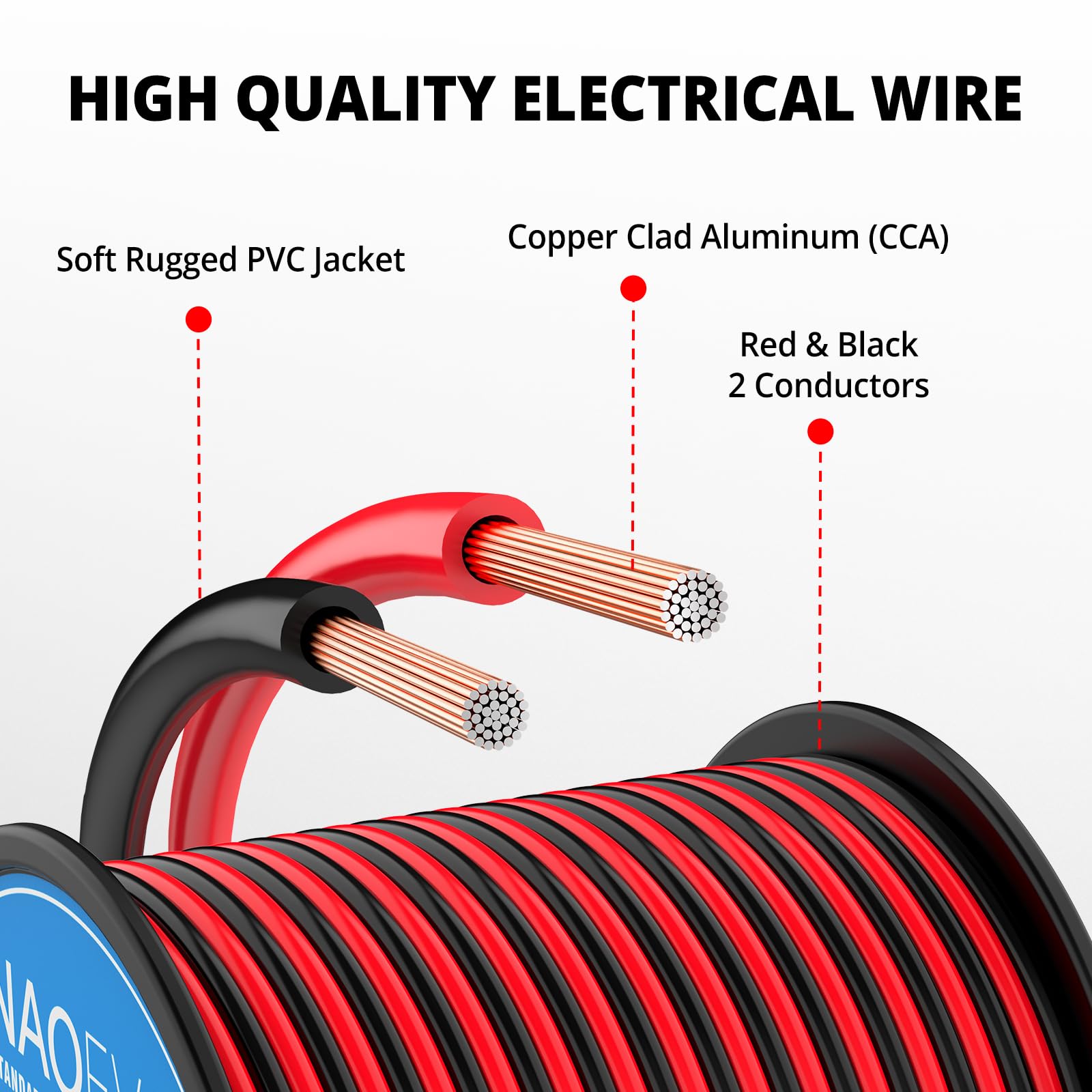 NAOEVO 12 AWG black conductor spool supports versatile power and signal runs.