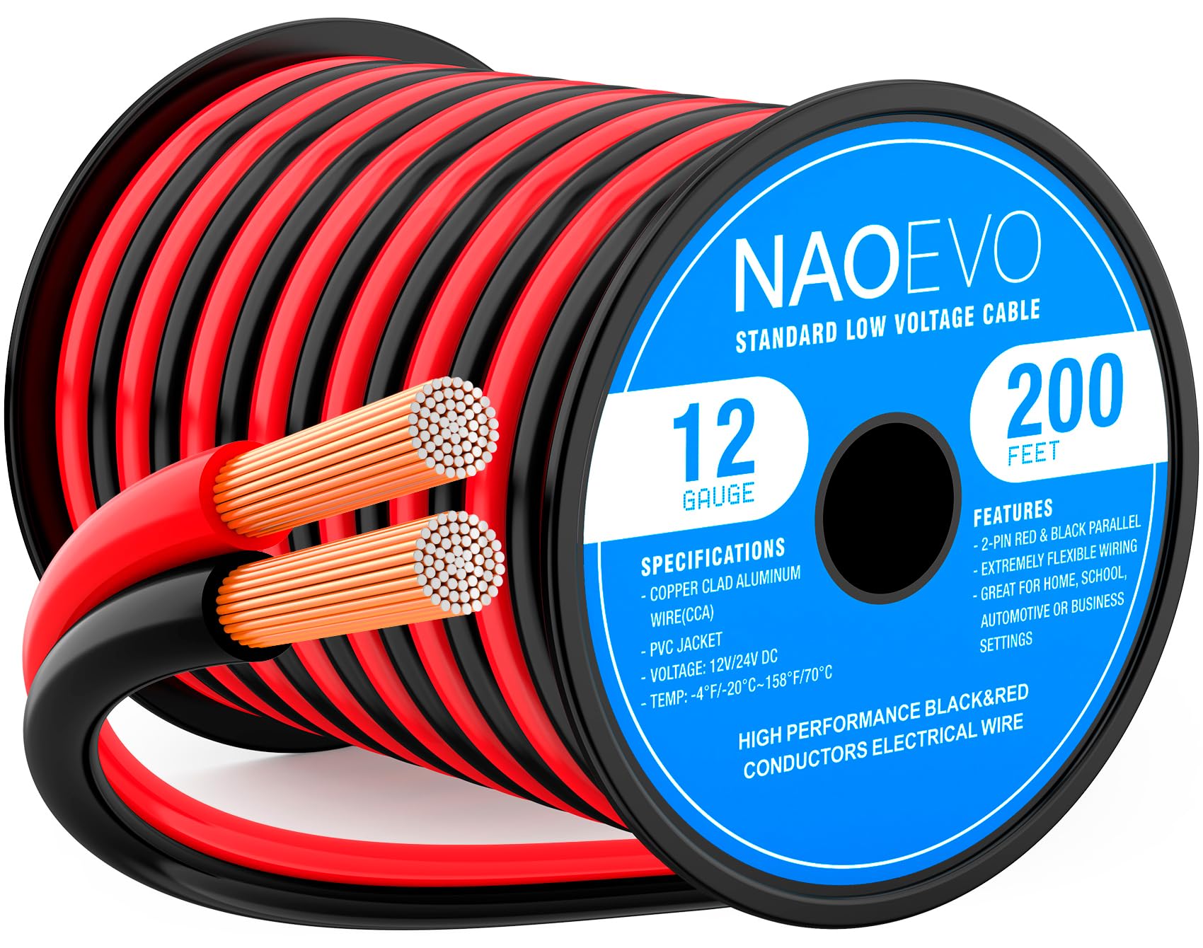 NAOEVO 12 AWG red wire on a 200ft spool for speaker or LED projects