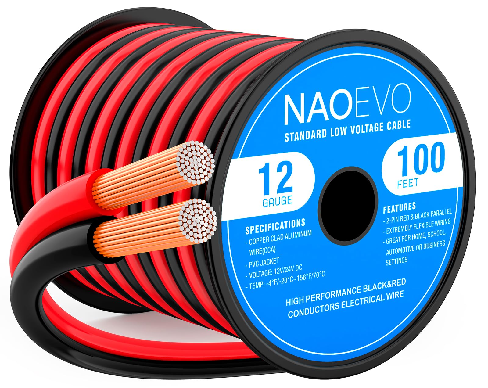 NAOEVO 12 AWG red conductor spool ideal for easy speaker and LED strip wiring.