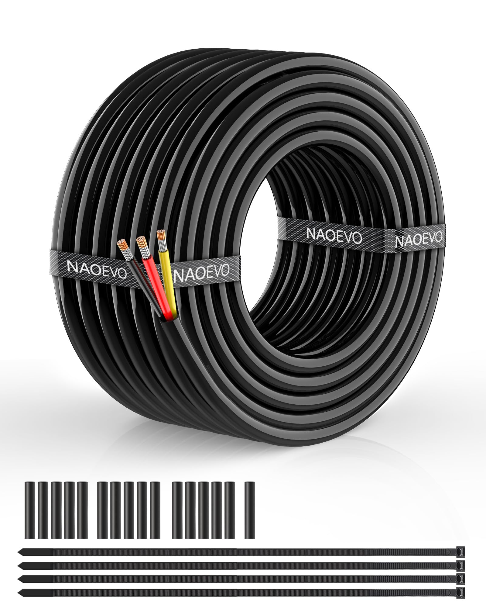 NAOEVO 14 AWG 3-CONDUCTOR wire coil showing flexible 30 ft length for automotive and lighting projects.