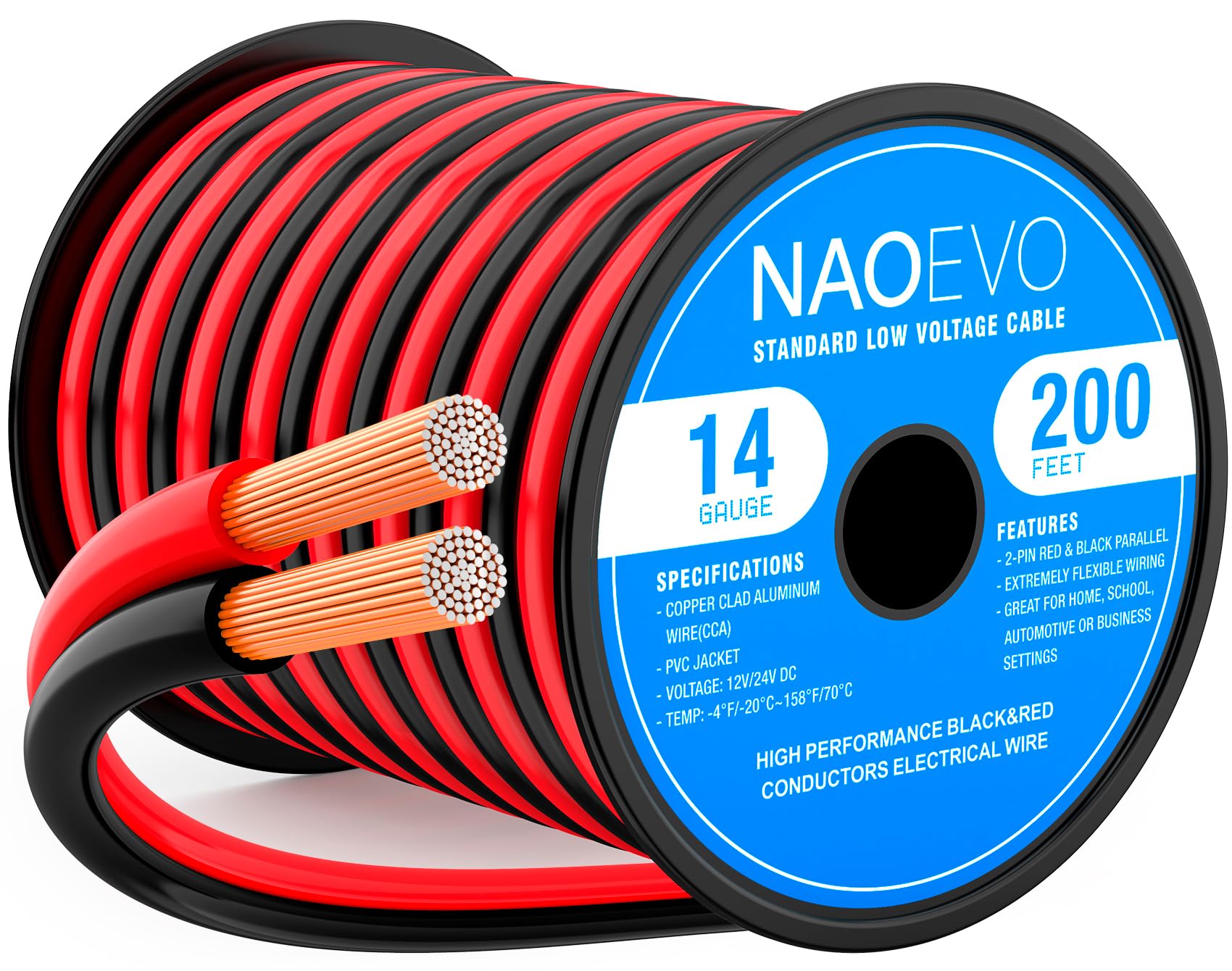 NAOEVO 14AWG red and black spool for easy low-voltage wiring and polarity clarity