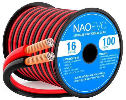 NAOEVO 16 AWG red wire on a 100ft spool for reliable low-voltage connections.