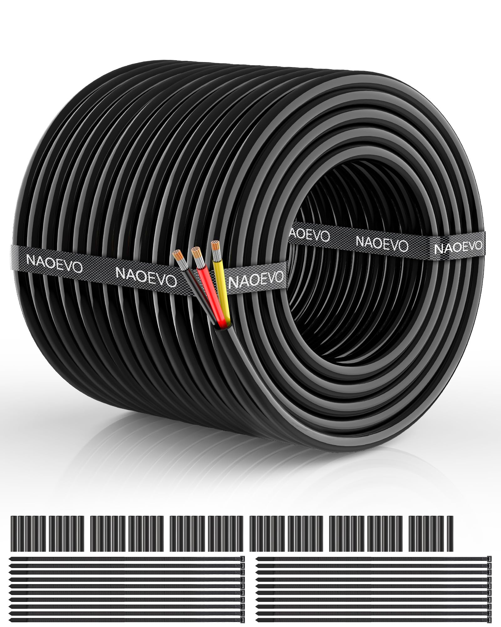 NAOEVO 16 AWG 3-conductor wire with outer jacket for durable low-voltage wiring.