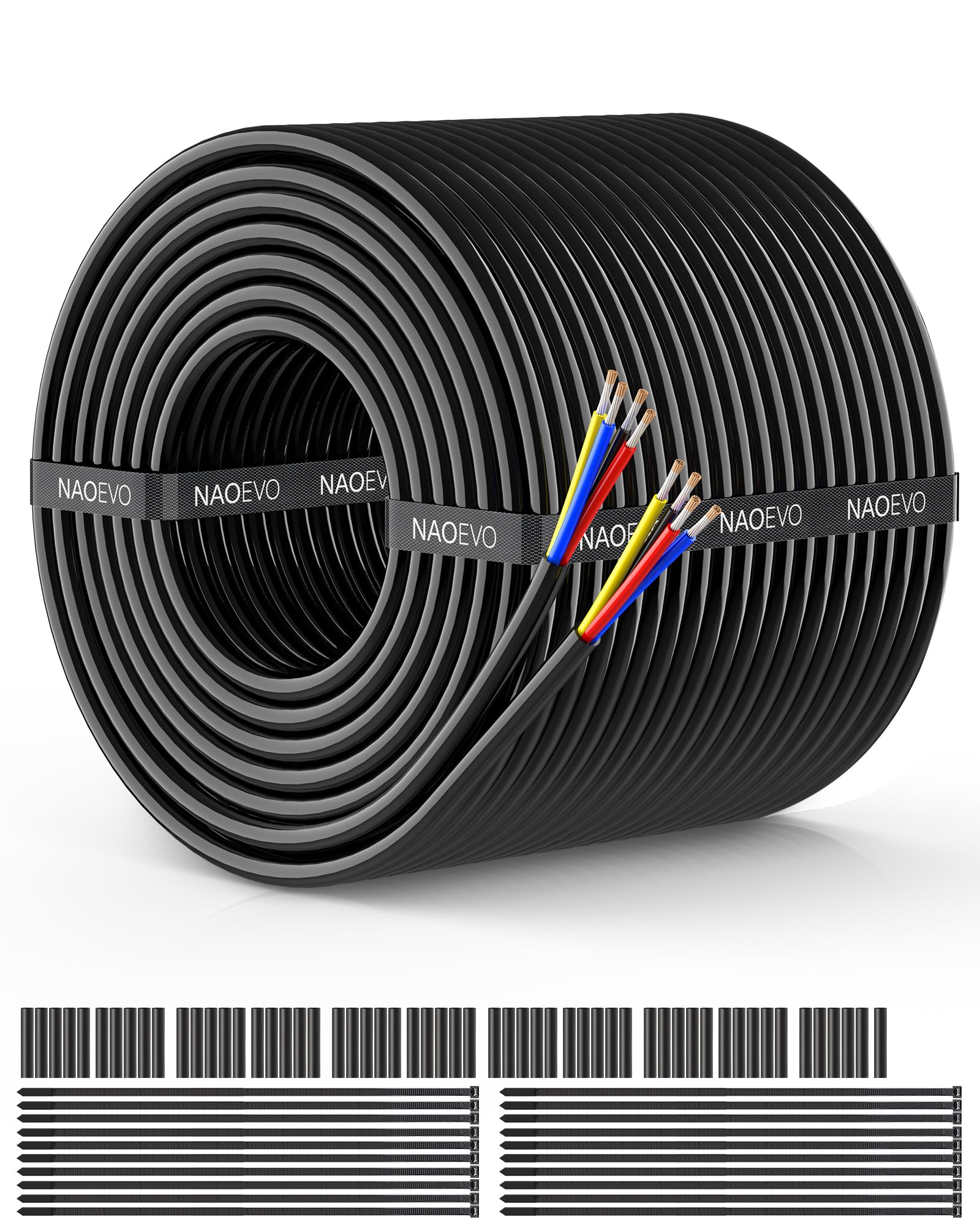NAOEVO 16 AWG 4-conductor wire jacket close-up showing a durable PVC jacket for automotive installs.
