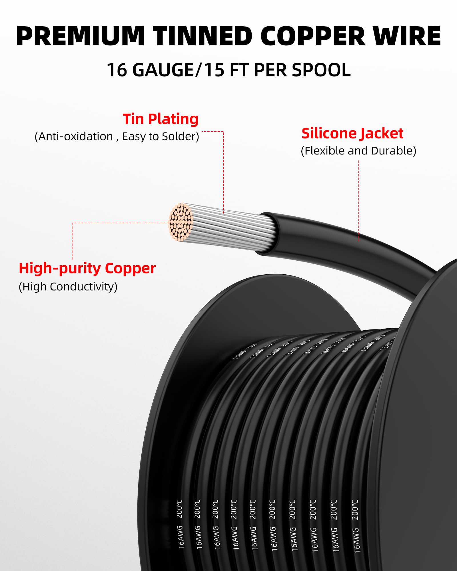 NAOEVO 16 AWG silicone black spool wire for durable, low impedance connections in projects