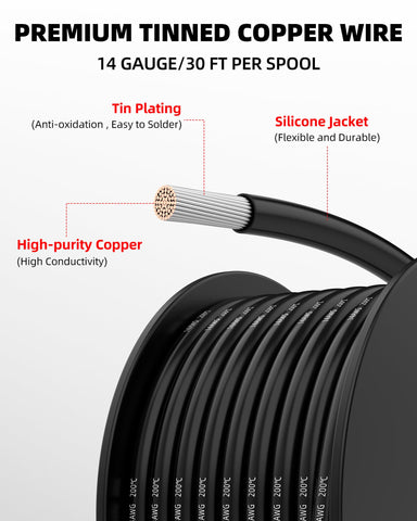 NAOEVO 16 AWG silicone wire in black spool for robust power connections and projects.