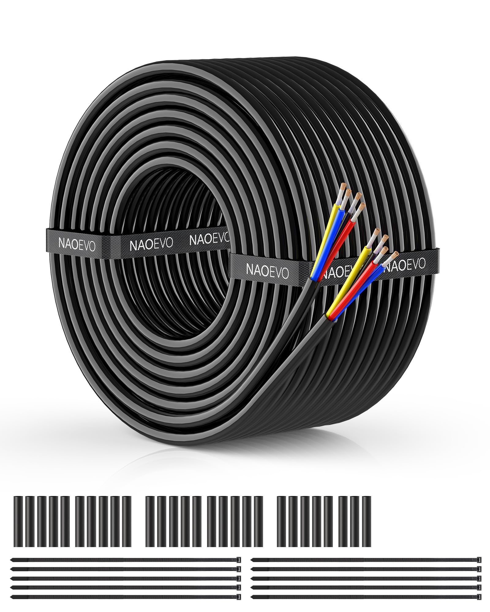 NAOEVO 18AWG 4-core wire jacket close-up shows durable PVC insulation for reliable low-voltage connections.