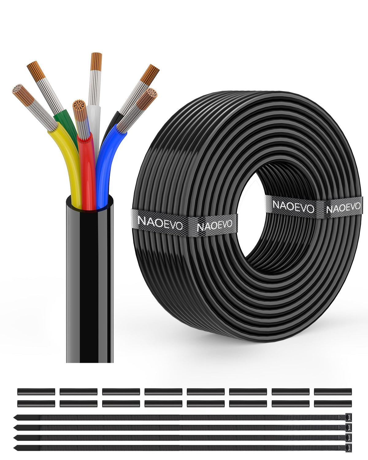NAOEVO 18 AWG 6-conductor wire 50ft showing flexible PVC jacket for tight installs.