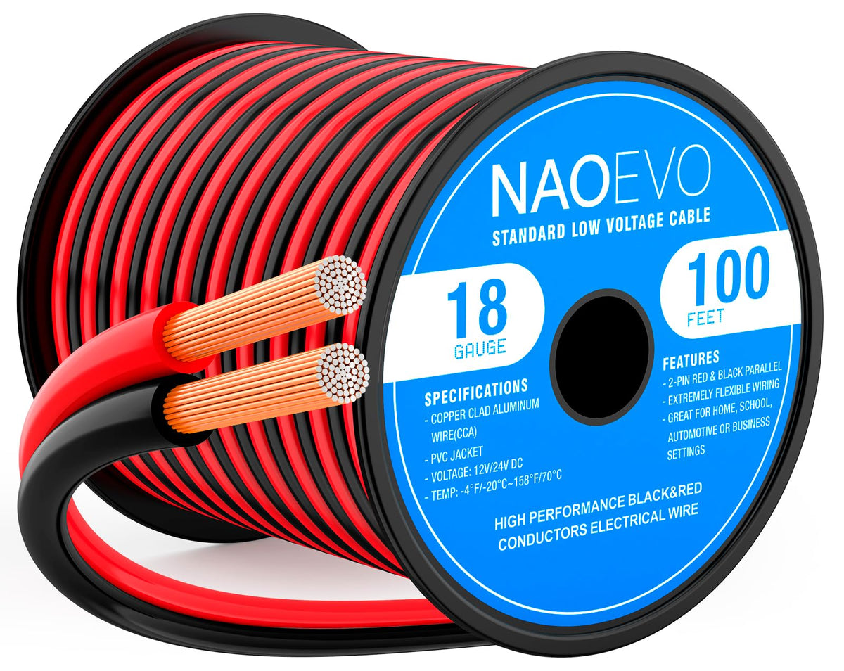 NAOEVO 18AWG wire spool with red and black conductors for low-voltage connections.