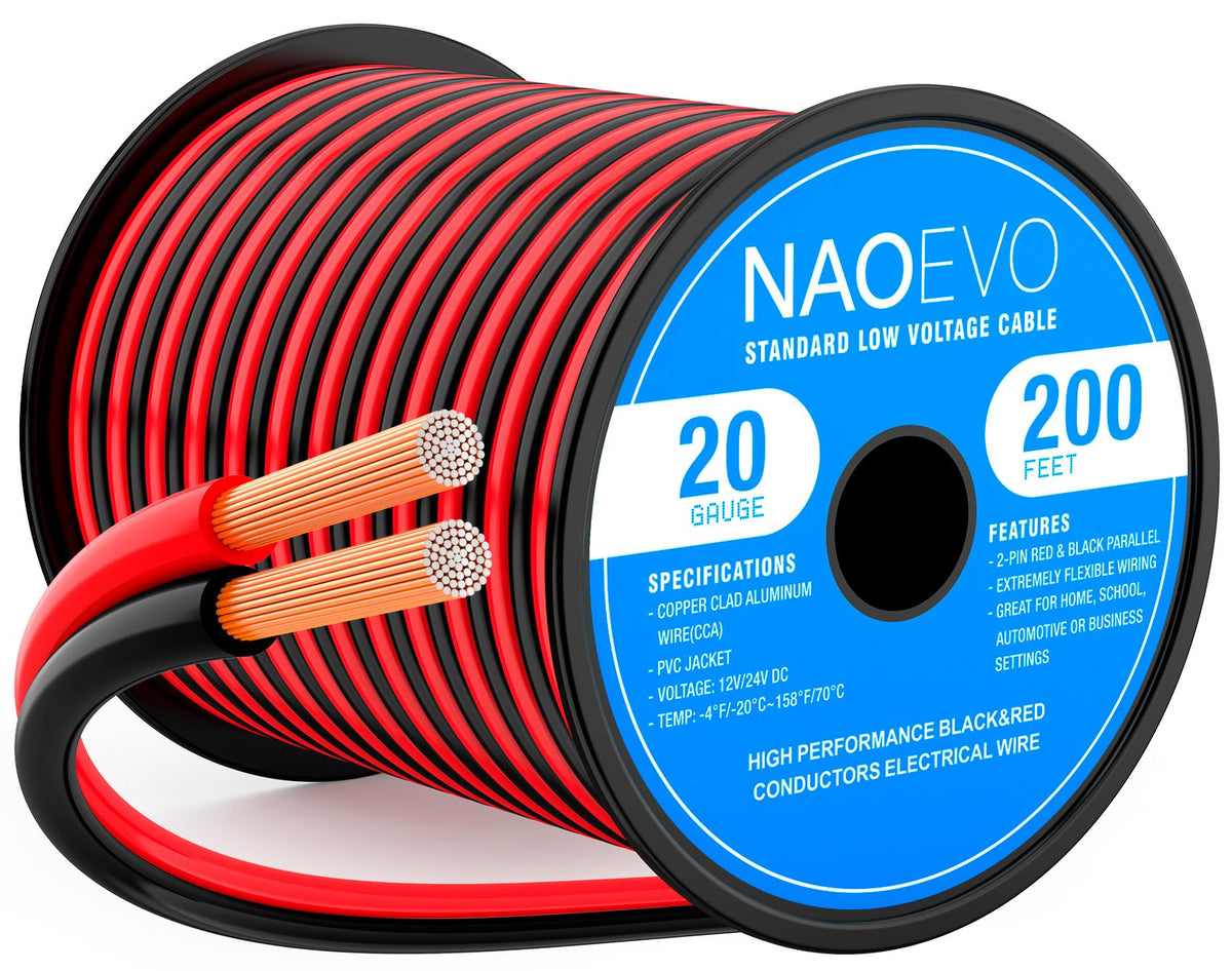 NAOEVO 20 AWG red wire spool for low voltage speaker and LED projects.