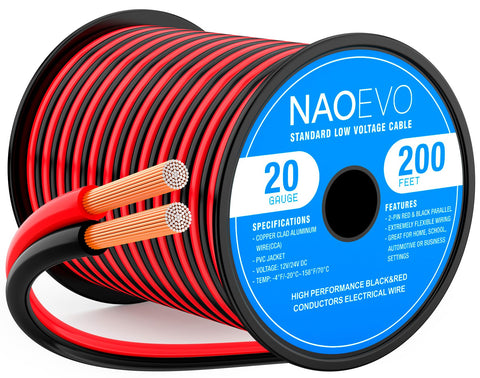 NAOEVO 20 AWG red wire spool for low voltage speaker and LED projects.