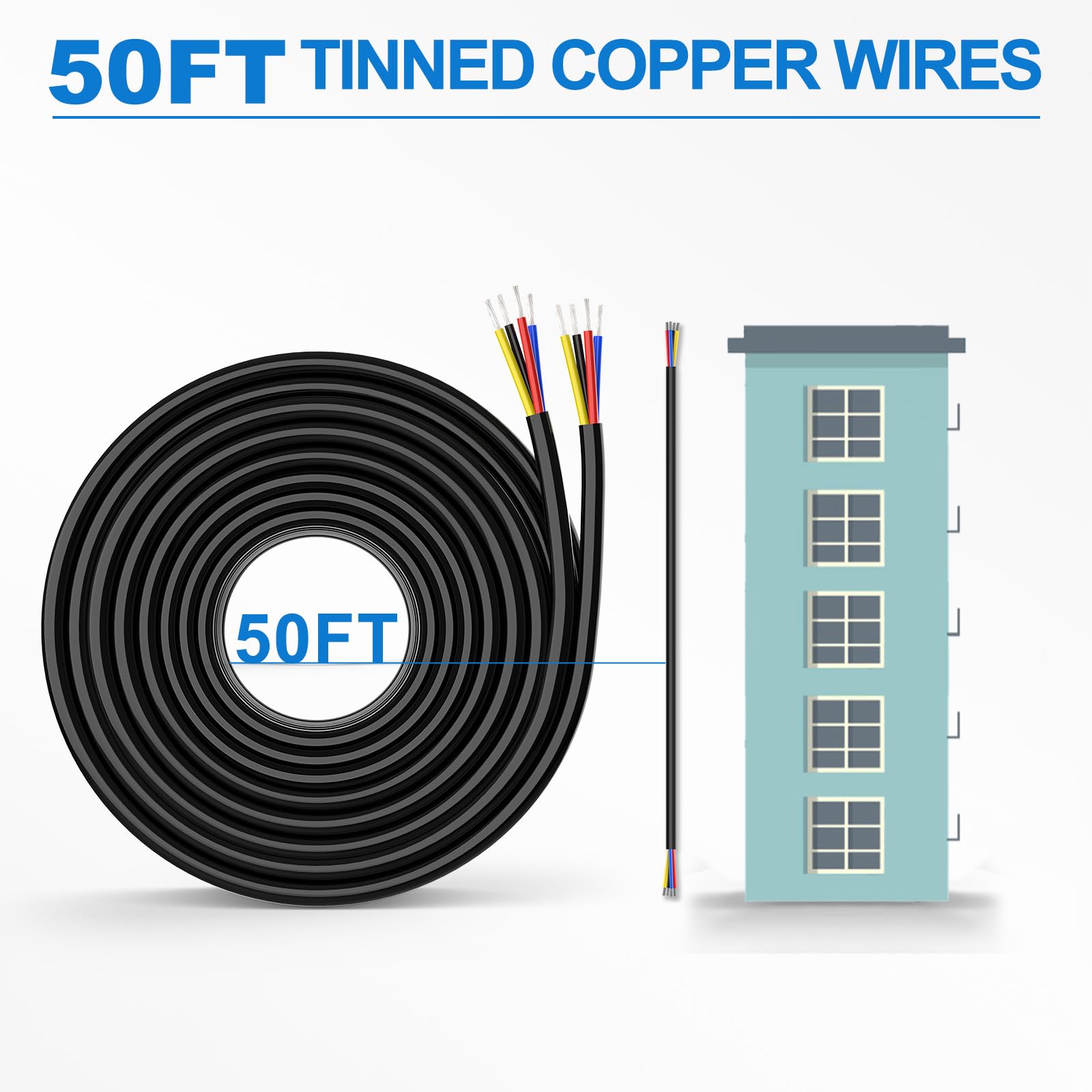 NAOEVO 50ft spool of 4-conductor wire highlights easy handling and storage.