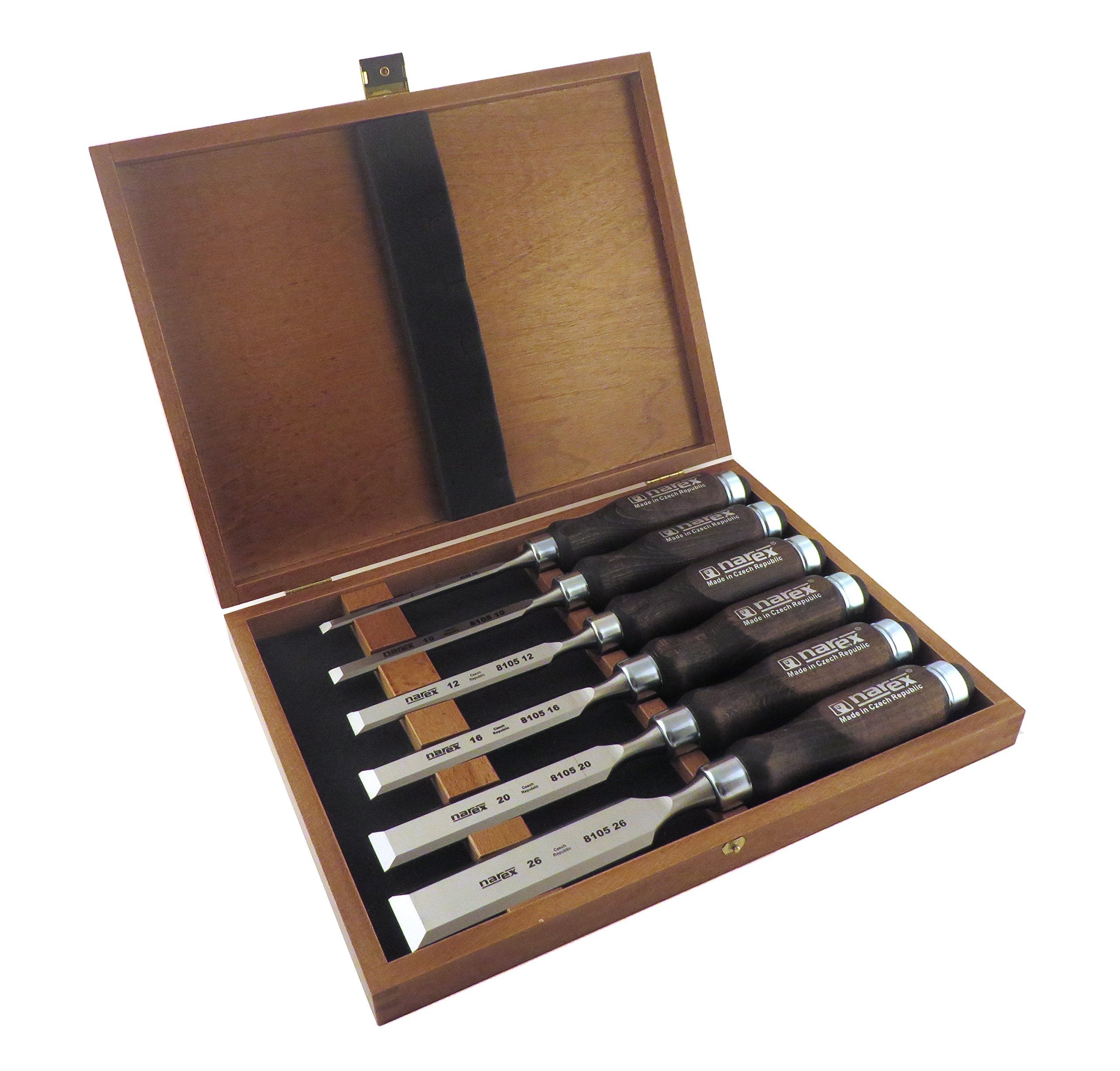 Narex 6-piece chisels set in wooden box for organized storage and gifting.