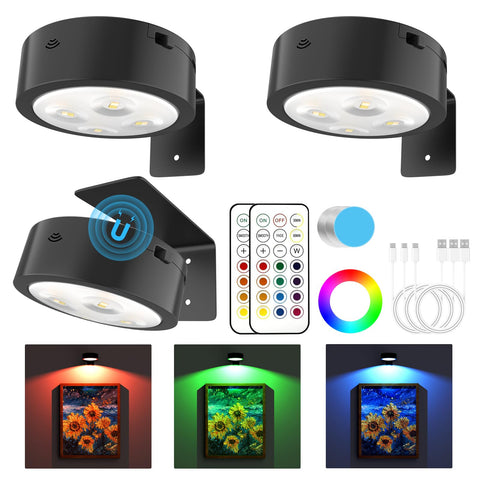 Narotood 3-pack picture lights on wall with glow highlight on artwork