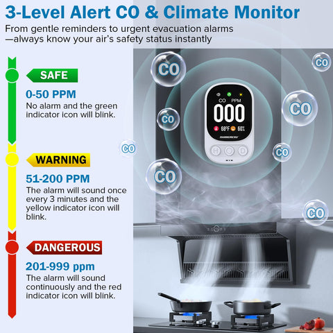 Narremcoy detector shows CO, temperature, and humidity on a bright three-level display.