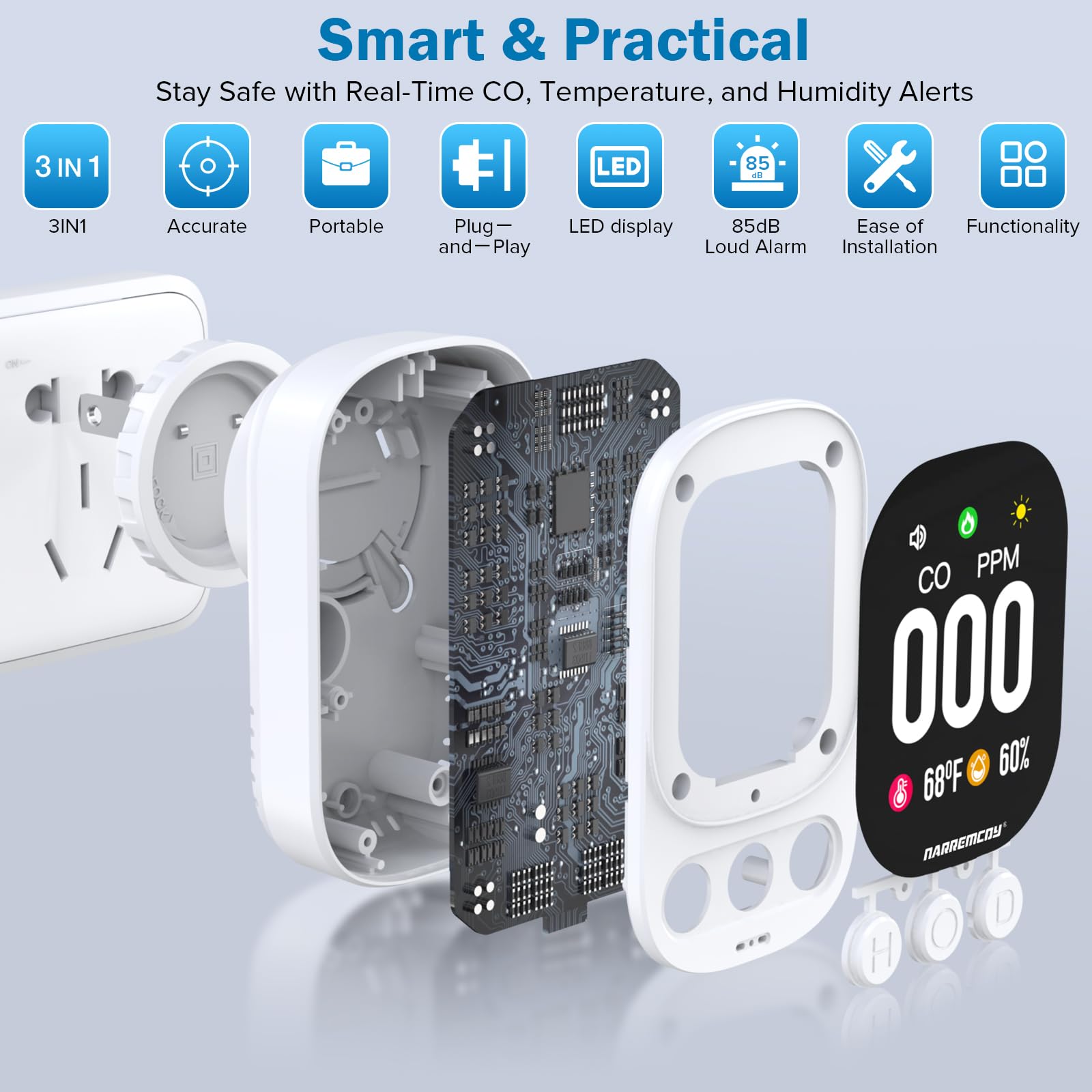 Narremcoy CO detector with 85dB alarm for immediate awareness of rising CO levels.