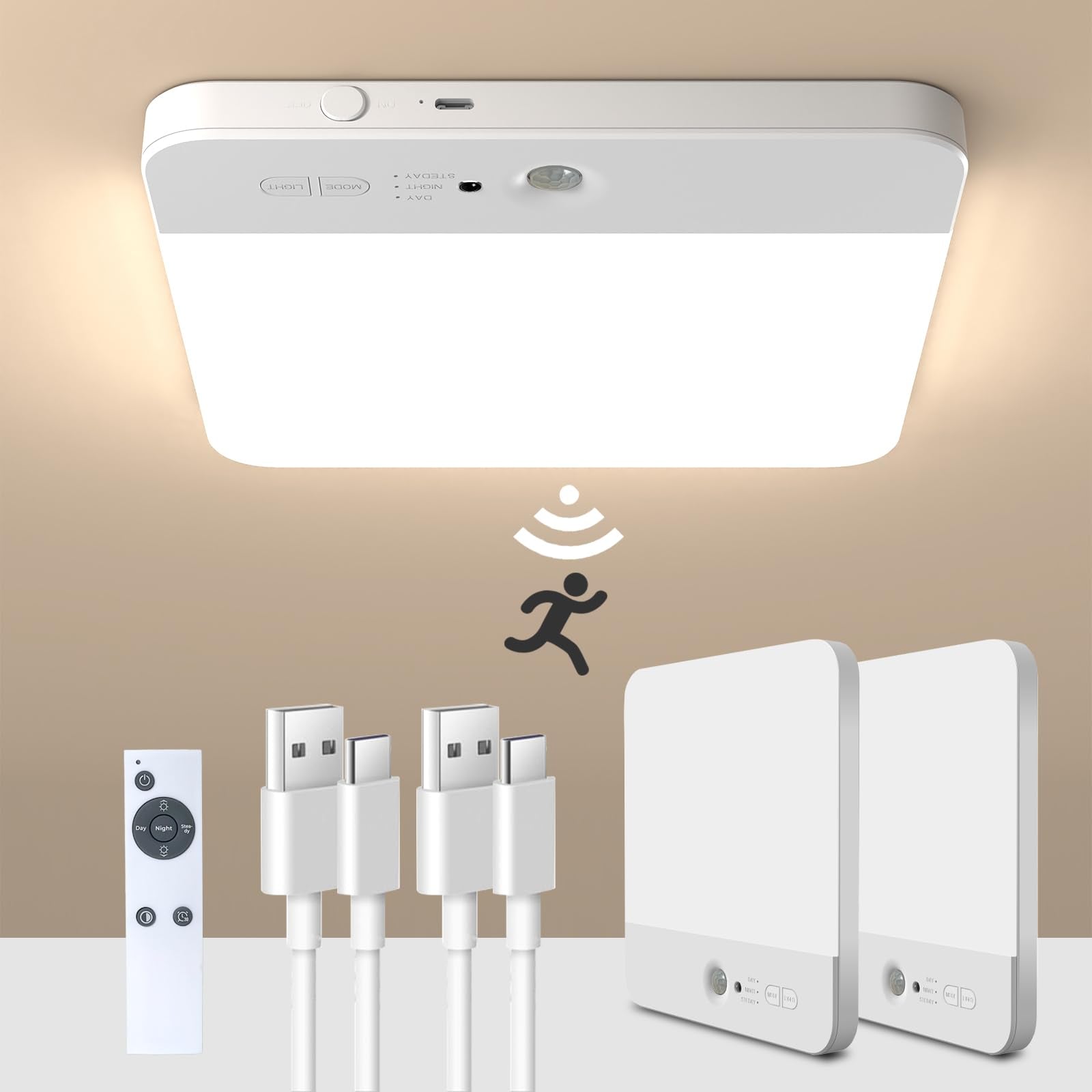 Narundren 2-pack motion sensor ceiling light ready for quick installation.
